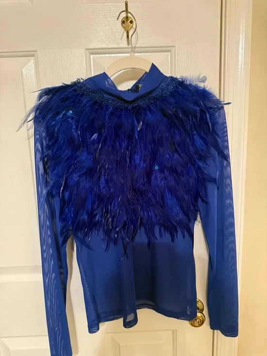 Royal Blue Feather-Trim Mesh Top - Picture 2 of 8